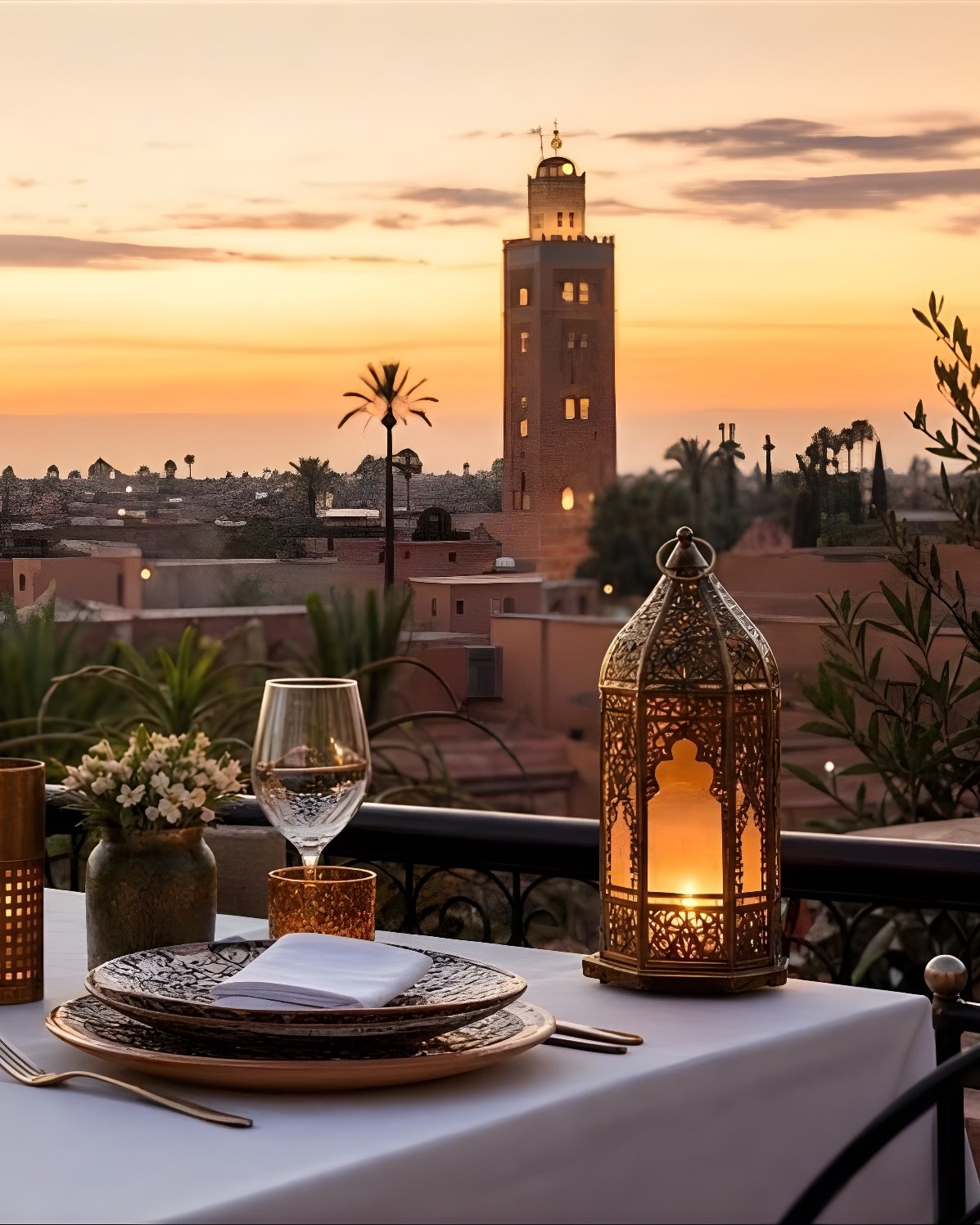 A rooftop table laid for dinner at sunset in Marrakech, the Koutoubia minaret beyond